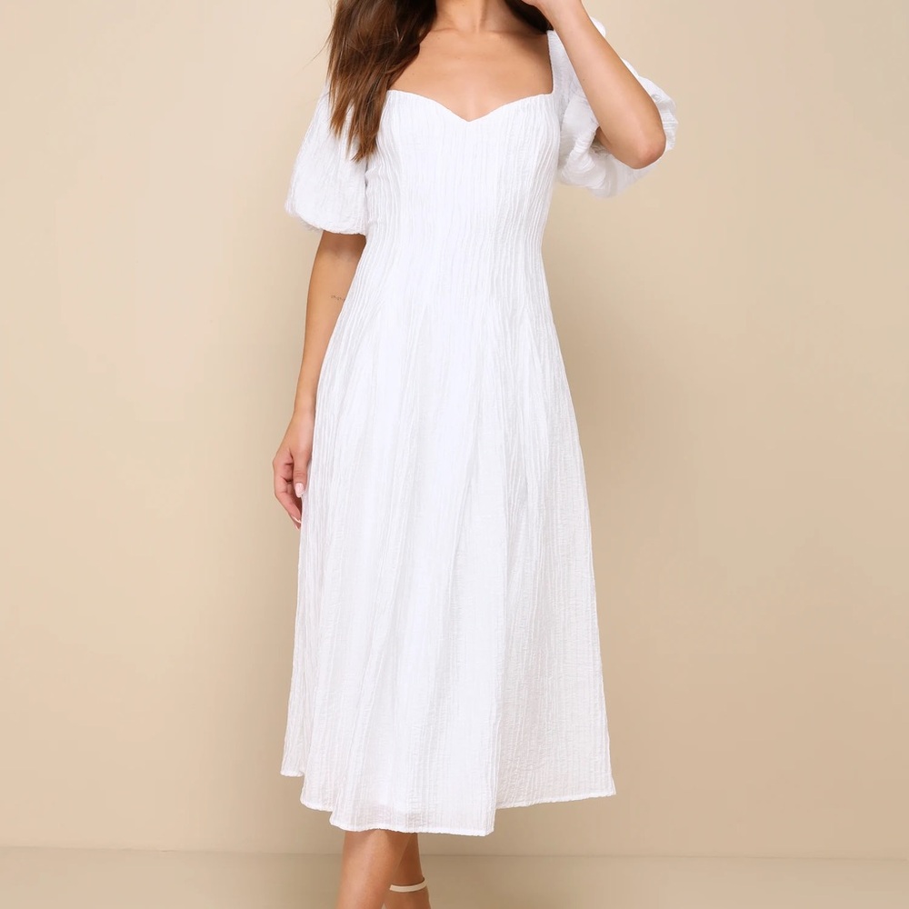 Lulu's Heavenly Energy White Textured Puff Sleeve Pleated Midi Dress XS